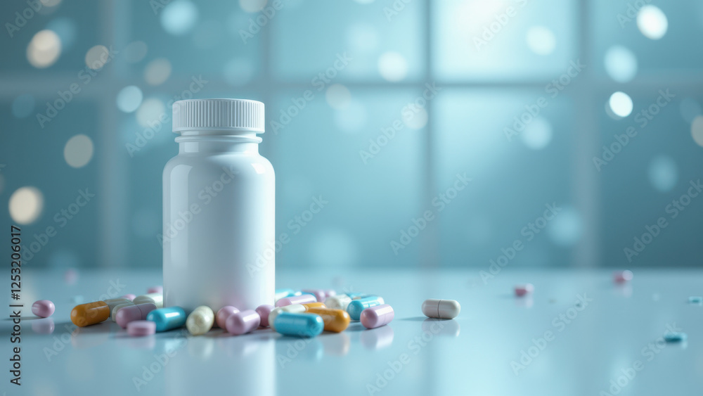 Poster magnesium glycinate capsules on a laboratory counter with a blurred background of test tubes and lab