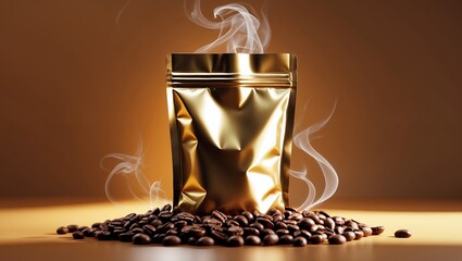 Coffee Packaging with Steam. This image showcases a golden stand-up pouch, designed for coffee packaging
