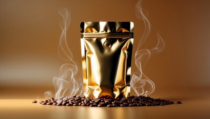 Coffee Packaging with Steam. This image showcases a golden stand-up pouch, designed for coffee packaging