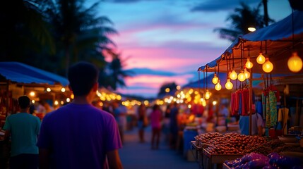 Evening ambiance at bustling night market under colorful sky twilight