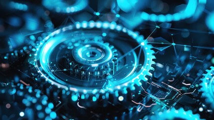 Glowing gears network digital technology background