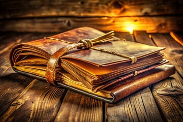 Vintage Leather Journal Open on Wooden Table - Handwritten Notes & Aged Pages - Study & Learning Concept