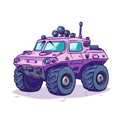 A vibrant cartoon-style illustration of a pink off-road vehicle, featuring oversized tires and a unique design, perfect for capturing attention in various creative projects.