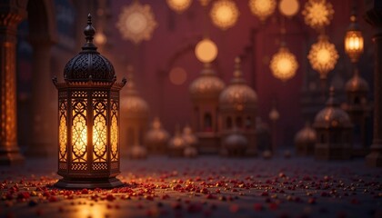 Eid Mubarak Lantern with Festive Lights and Islamic Calligraphy.