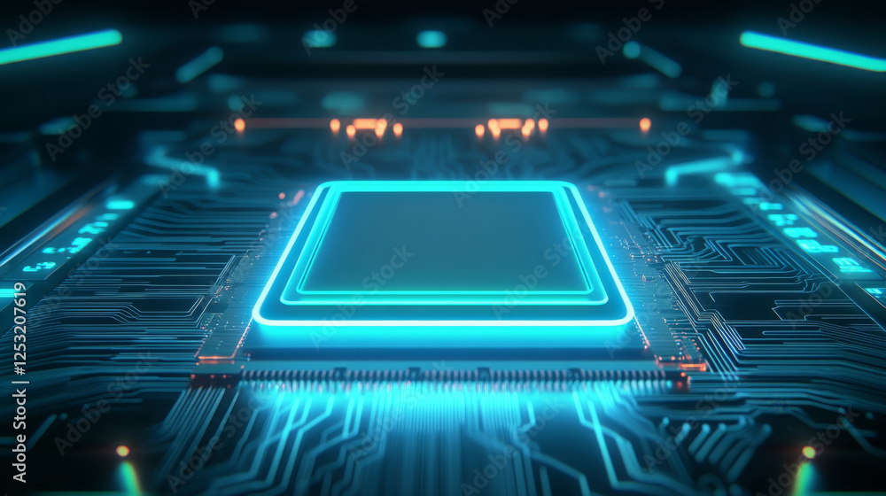 Poster close up of glowing quantum computing chip surrounded by intricate circuitry, showcasing advanced te