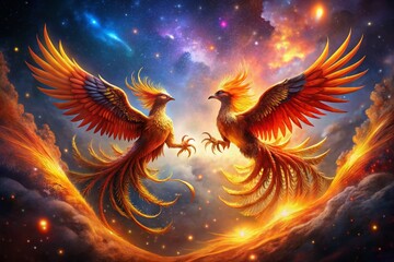 Vintage Phoenix Nebula: Mythical Birds Ascending in Cosmic Dust