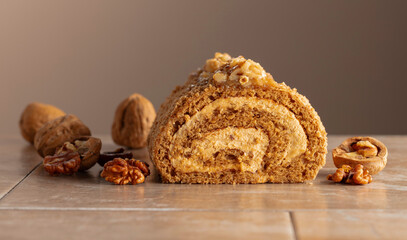 Walnut and buttercream roll: a traditional Oriental pastry.
