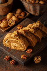 Walnut and buttercream roll: a traditional Oriental pastry.