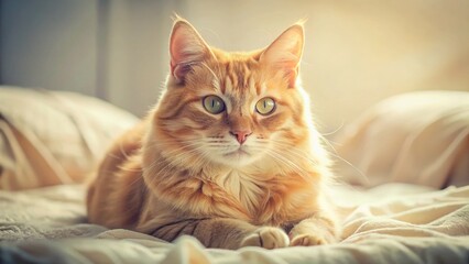 Vintage Photo: Golden Cat Napping on White Bed - Peaceful Pet Portrait
