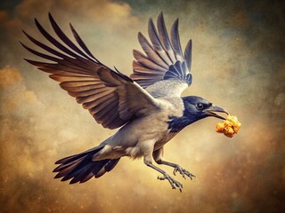Obraz premium Vintage Photo: Grey Crow in Flight, Wings Folded, Beak Full of Food