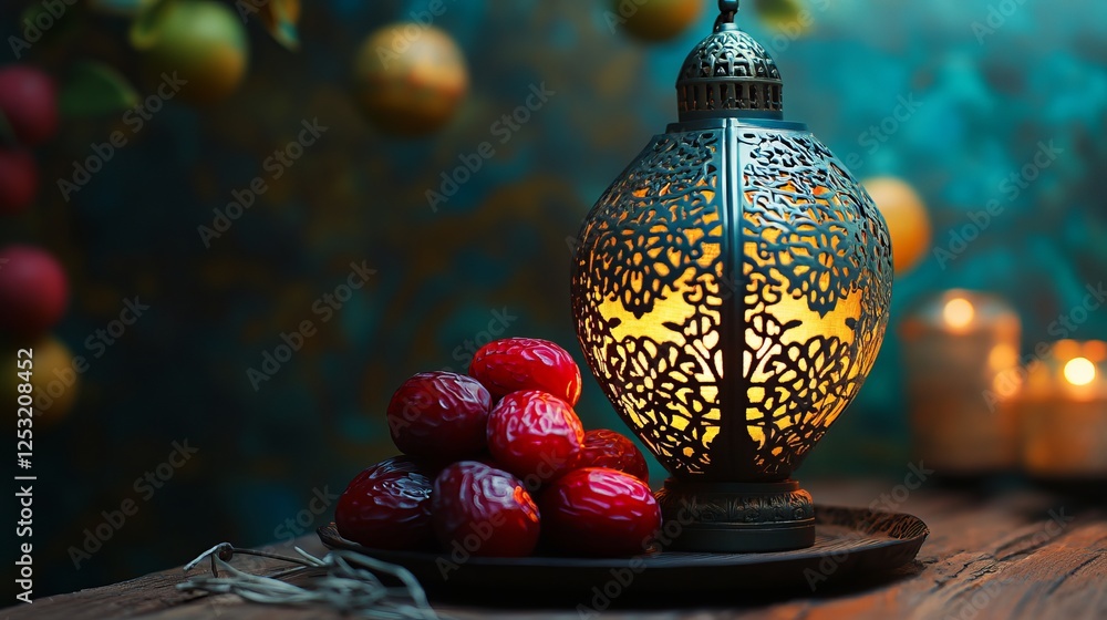 Poster vibrant oriental lantern with intricate patterns glowing in warm light alongside a plate of dates, c