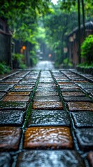 Rainy Day Cobblestone Street Path Through Green Trees