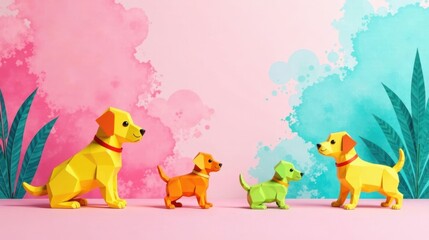 Fototapeta premium A charming quartet of polygonal canines playfully positioned against a vibrant watercolor backdrop, showcasing a delightful array of colors and playful shapes.