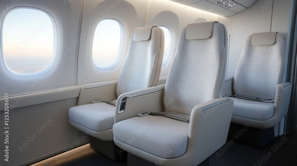 Poster close up of empty airplane seats by window, showcasing modern design and comfort. soft fabric and sp