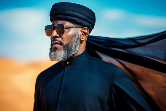 In open desert landscape man wearing dark blue jubba and taqiyah cap stands proudly as gentle wind lifts fabric of his robe embodying spirit of Eid.