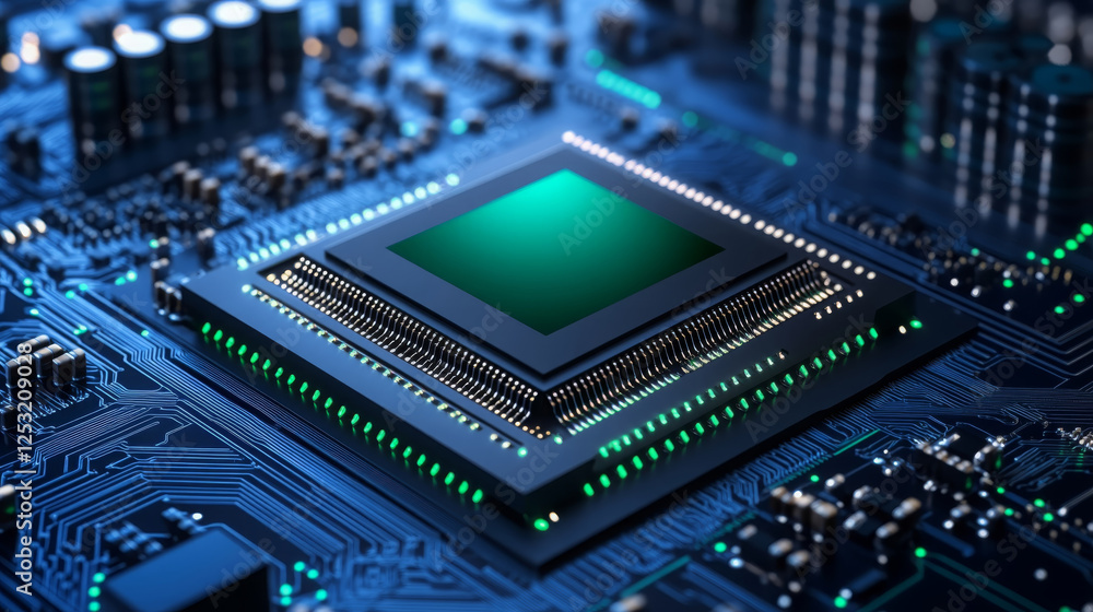 Poster close up shot of advanced quantum computing chip on circuit board, showcasing intricate details and 