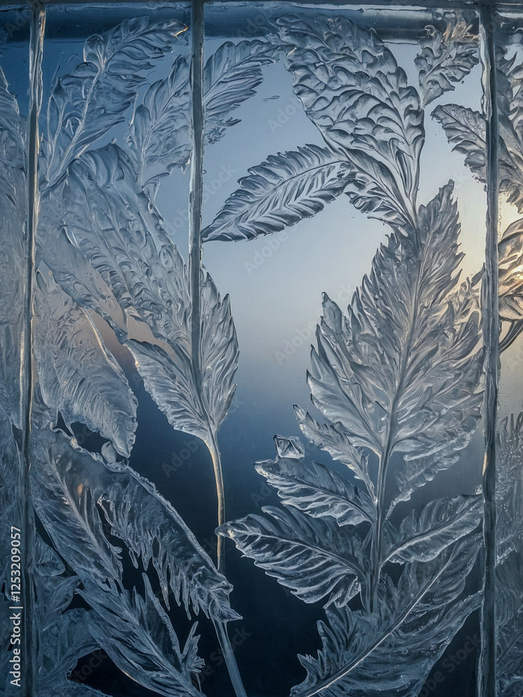 Poster icy patterns on a frosted window, hyperrealistic style.