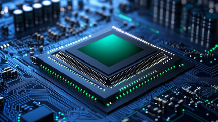 close up shot of advanced quantum computing chip on circuit board, showcasing intricate details and glowing elements that highlight its technological sophistication