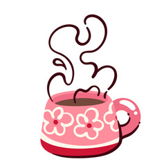 Coffee cartoon cup with steam curls. Funny pink cup with flowers pattern and brown hot drink with aroma. Breakfast, coffee break mascot, cartoon cute morning beverage of hipster vector illustration