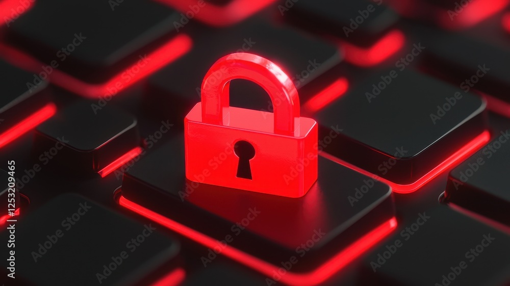 Poster red cyber security padlock on glowing keyboard digital data protection concept