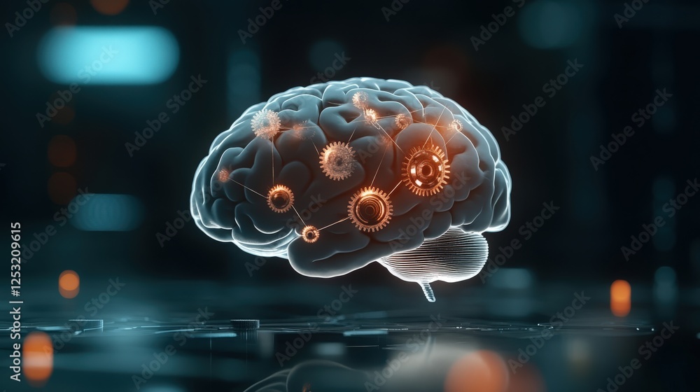 Poster conceptual digital brain with gears and innovation elements