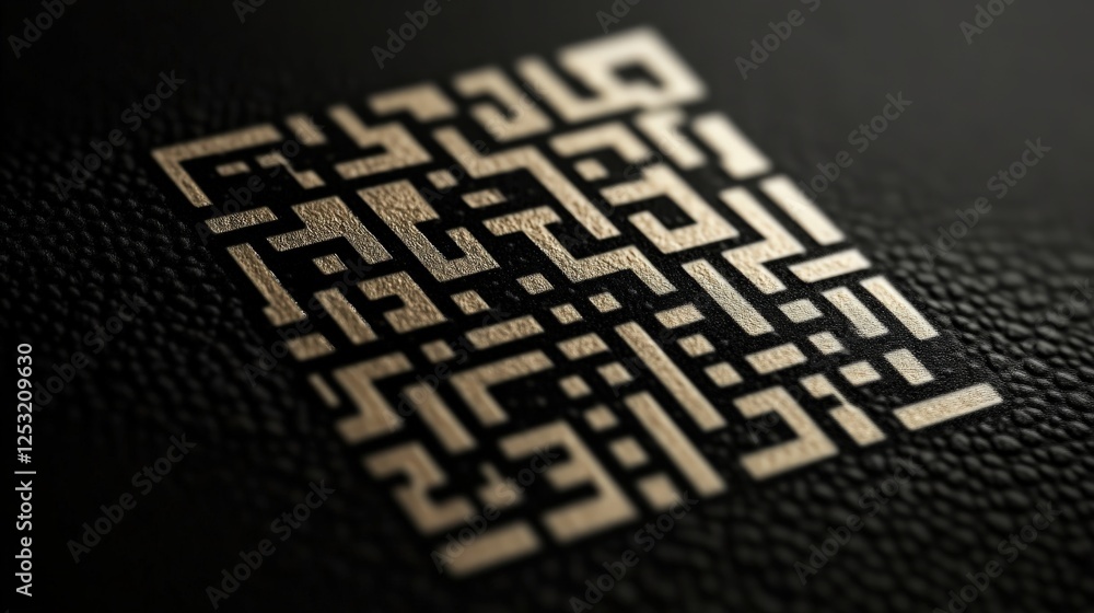 Poster detailed close-up of golden qr code on textured black background