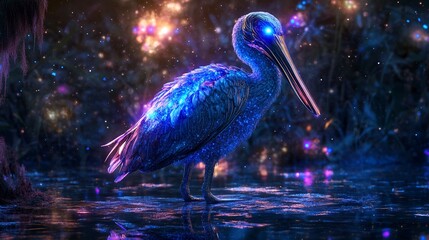 Fototapeta premium Luminescent Pelican in Enchanted Night Marsh