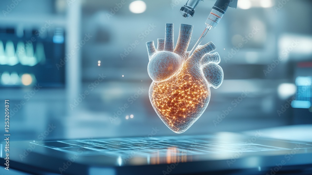 Poster floating heart model with futuristic technology in medical lab setting