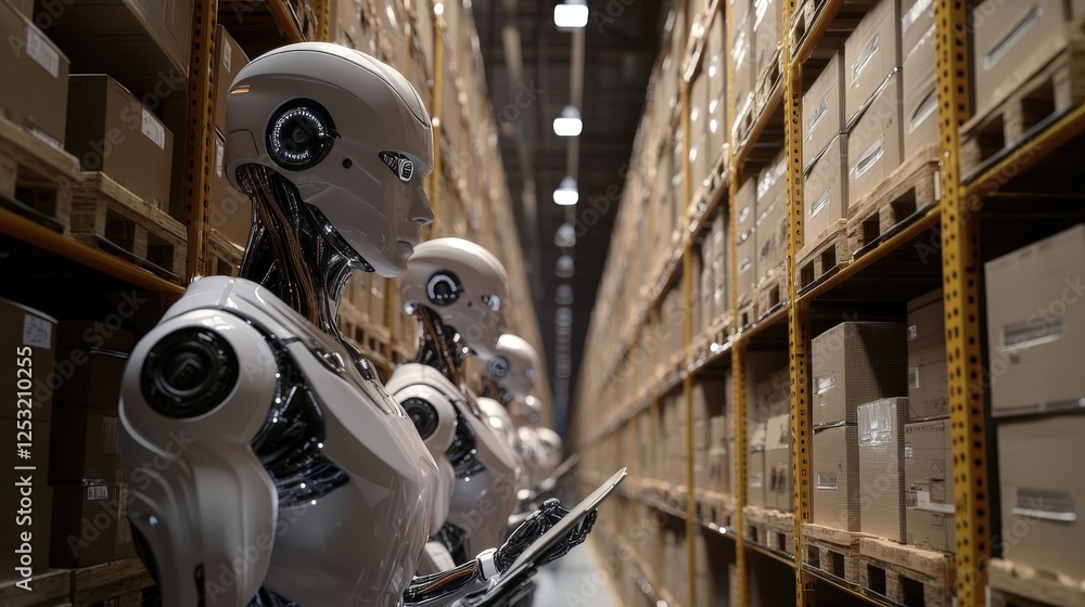 Poster robots in warehouse managing inventory with advanced technology