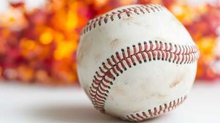 Close-Up of a Worn Baseball Against a Blurred Autumn Background
