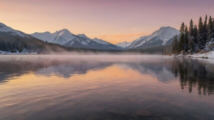 Obraz premium A calm and peaceful early morning scene with mist rising from a crystal-clear lake, surrounded by snow-capped mountains. The sun is just beginning to rise, casting warm golden light on the water, and 