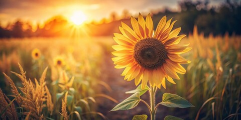 Vintage Single Sunflower, Rustic Field, Summer Bloom, Golden Hour Photography