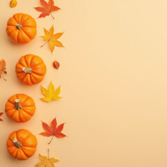 Autumn pumpkins and colorful leaves on beige background create cozy fall atmosphere