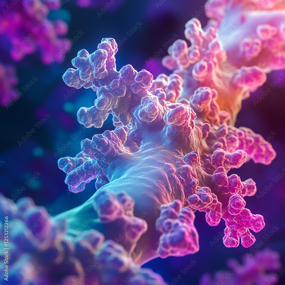 Poster an abstract representation of a molecular structure, showcasing vibrant colors and intricate details