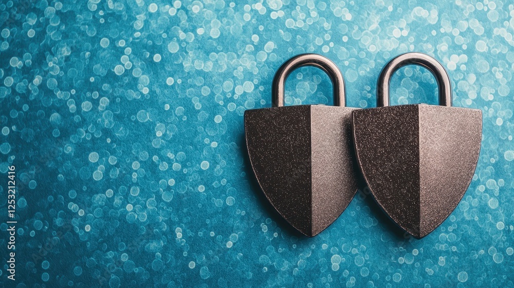 Poster two padlock security shield symbols on teal bokeh background