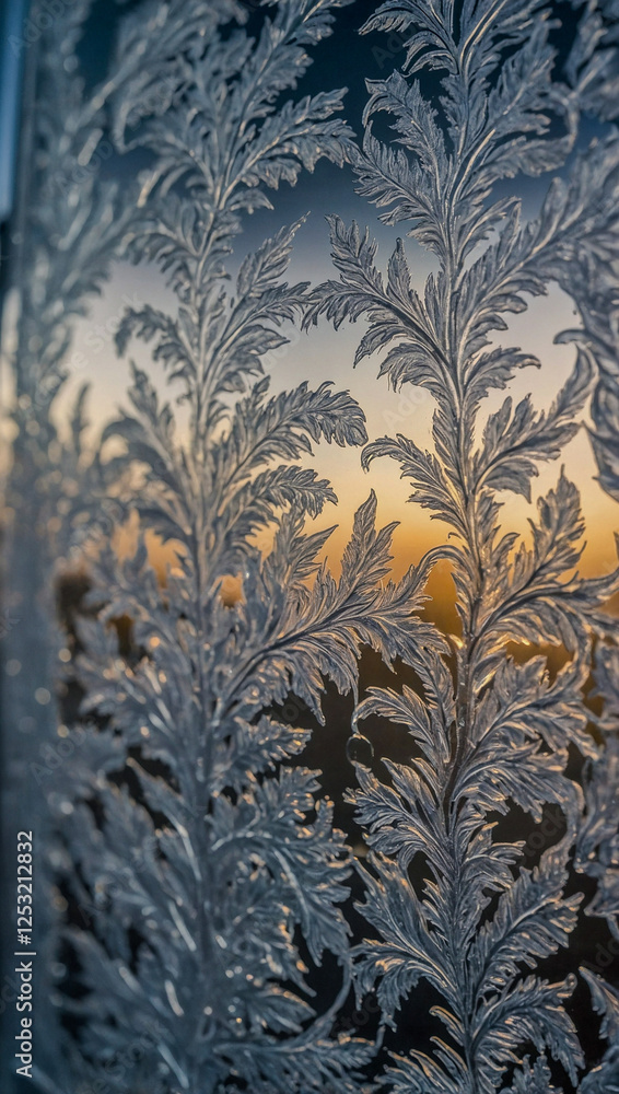Poster intricate frost patterns on a windowpane.