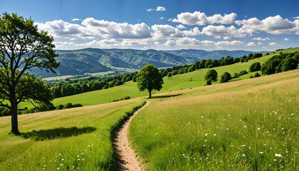Fototapeta premium Le paysage champêtre verdoyant et ensoleillé.