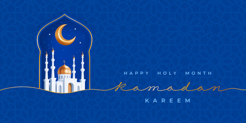 Ramadan Kareem greeting card template with crescent, 3d mosque with gold dome in the arch window, golden calligraphy continuous line Ramadan, blue background and geometric pattern. Vector illustration © Pagina