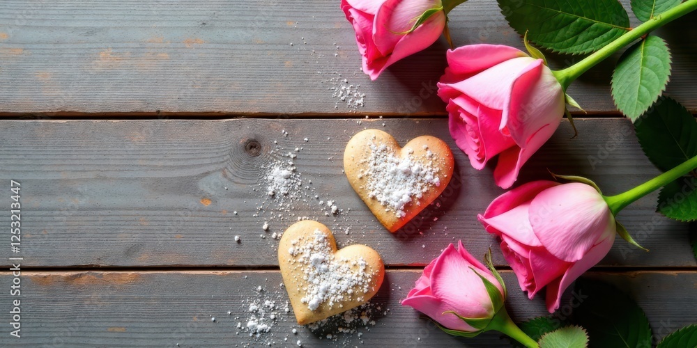 Poster heart-shaped cookies and delicate pink roses arranged on a rustic wooden surface, creating a romanti