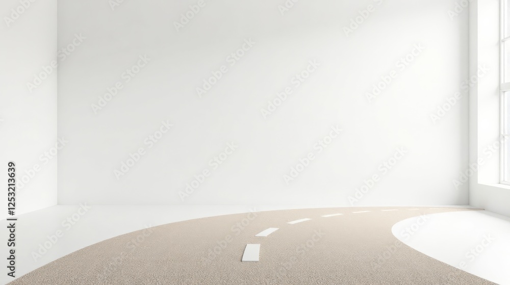 Poster a curving road design on a light beige floor inside a bright minimalist room with a large window