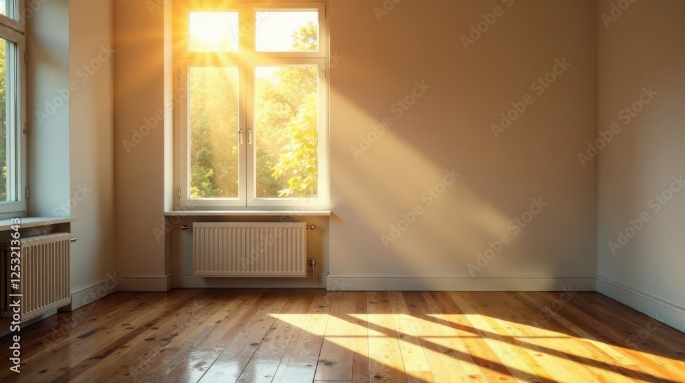 Poster empty room with hardwood floor and sunlight streaming through window, creating warm, inviting atmosp