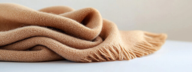 Soft brown woolen blanket with fringed edges elegantly draped on a white surface, creating a cozy and inviting atmosphere.