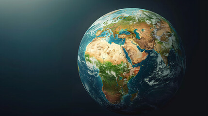 Fototapeta premium A detailed world map in spherical form, glowing faintly with light bokeh in the background.