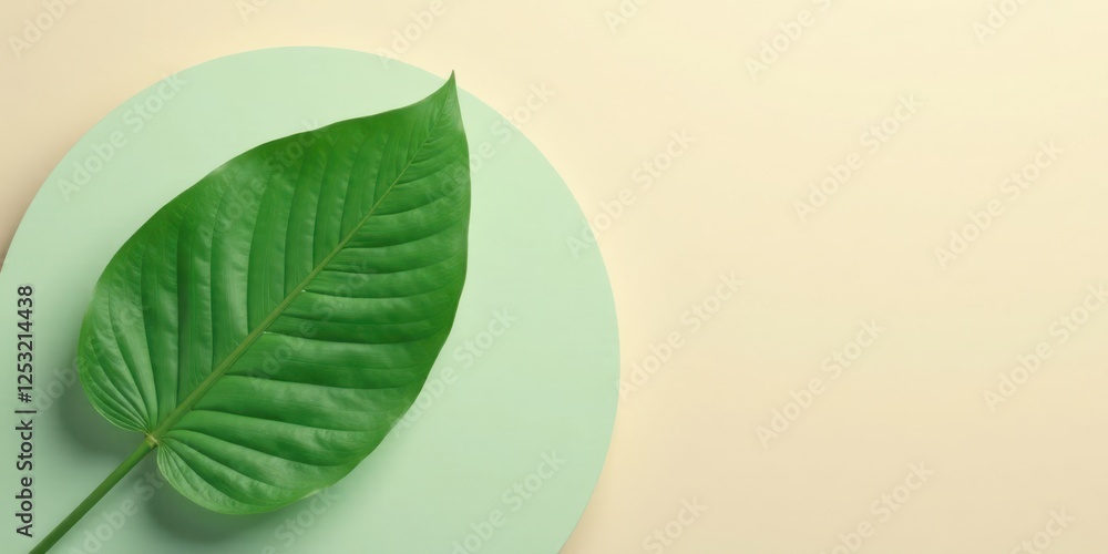 Poster a single vibrant green leaf rests elegantly on a pale green circular surface, set against a soft bei