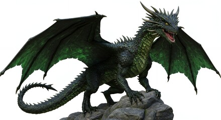 Fototapeta premium Detailed image of a majestic green dragon perched on rocks