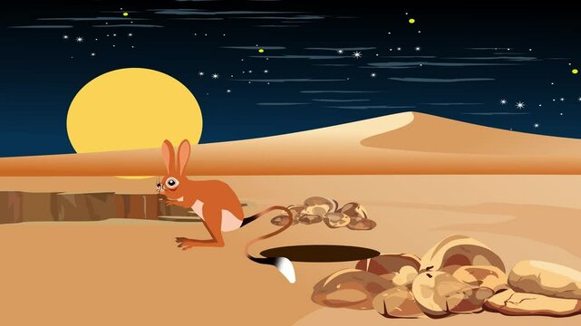 Jerboa jumping in desert moon in background animation cartoon