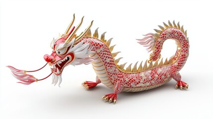 A detailed Chinese New Year dragon ornament with intricate red and gold patterns.