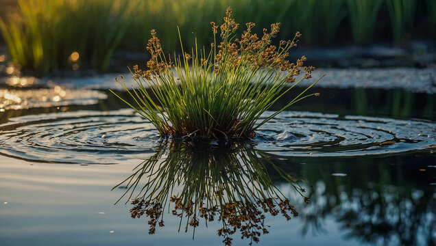 Juncus effusus plant growing in water, with a reflection.