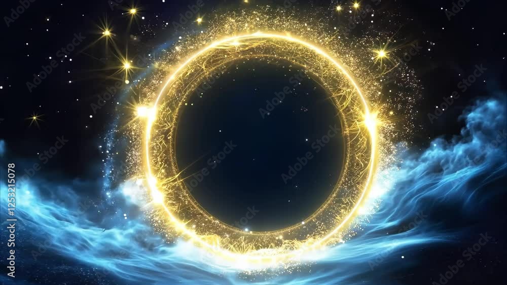 Poster a glowing circular frame surrounded by stars and waves, creating a magical and celestial atmosphere.