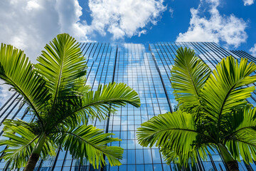 Fototapeta premium Modern city skyscraper, palm trees, blue sky. Business success